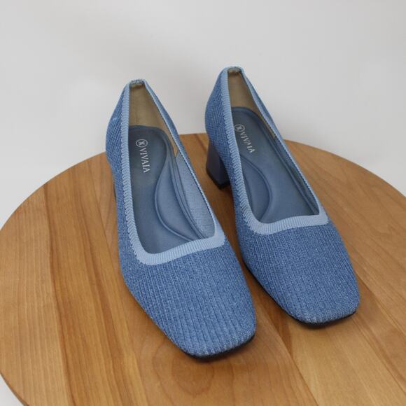 Vivaia Shoes Womens 6 Square Toe Chunky Heels Melody Pro Block Knit Pumps Blue - Picture 4 of 11